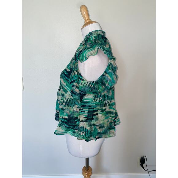 CHUFY Gone Jammin Blouse Green Ruffle Tie Neck Cap Sleeve Cotton/Silk size XS - Picture 2 of 5